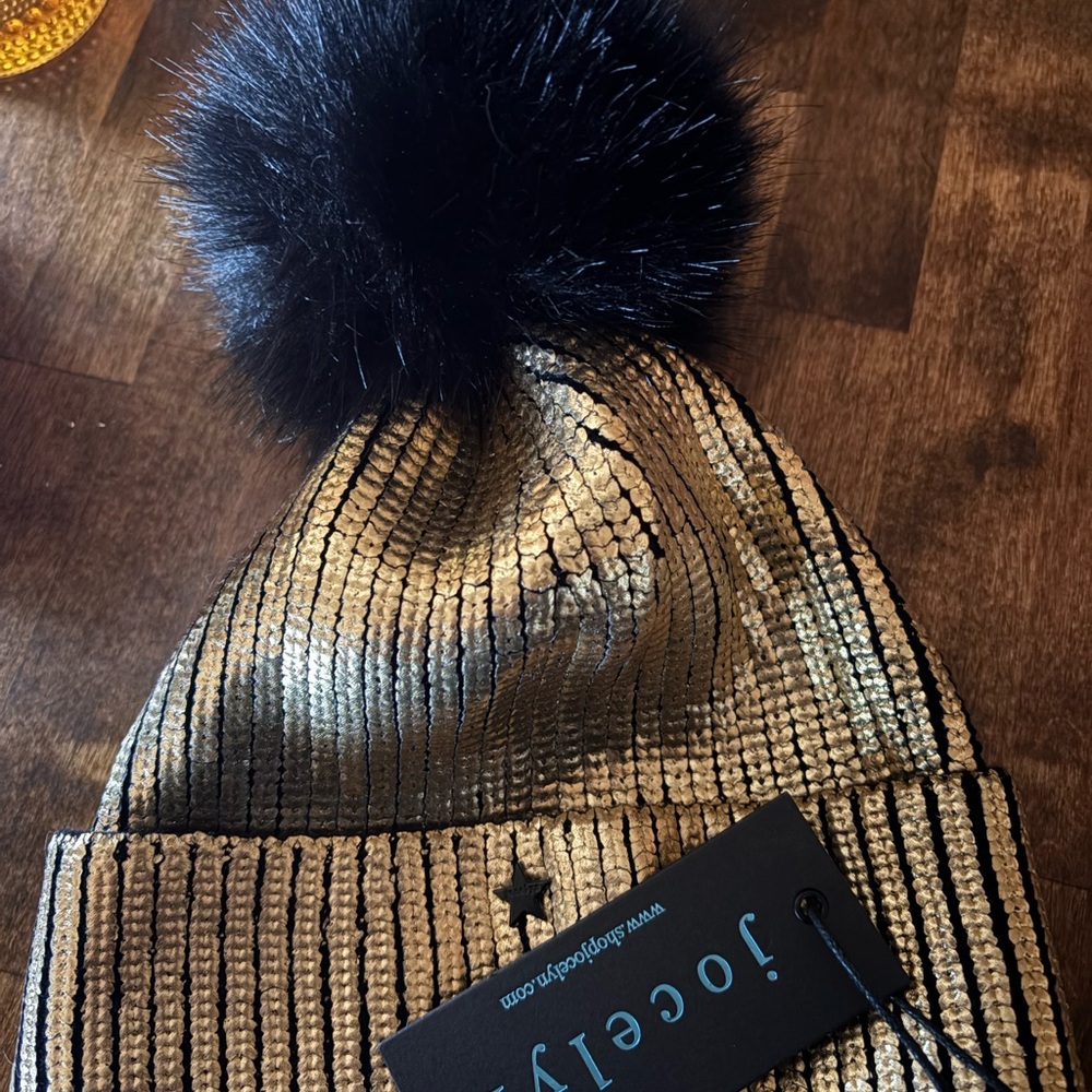 Jocelyn Gold and Black Beanie with Pom Pom